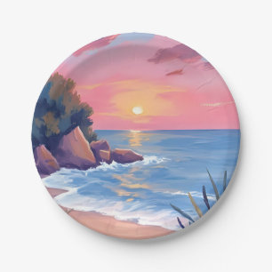 Paradise Cove Pink Watercolor Ocean Waves Sunset Paper Plate