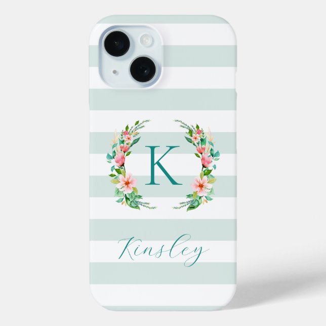 Paradise Floral and Mint Stripes Monogram Case-Mate iPhone Case (Back)