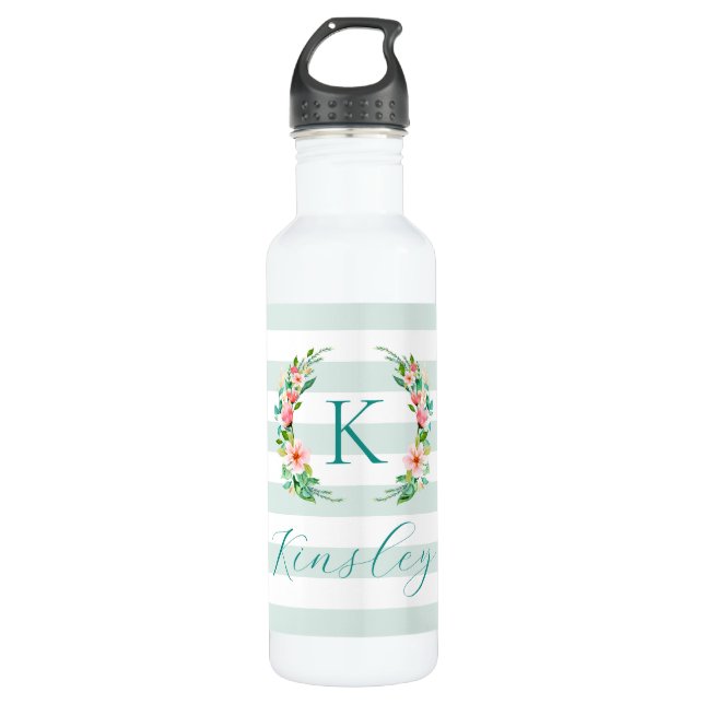 Paradise Floral and Stripes Monogram 710 Ml Water Bottle (Front)