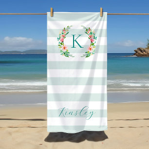 Paradise Floral and Stripes Monogram Beach Towel