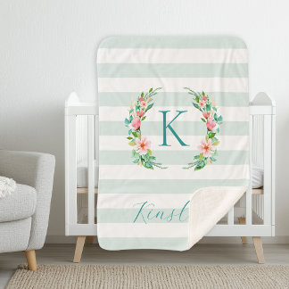Paradise Floral and Stripes Monogram Sherpa Blanket