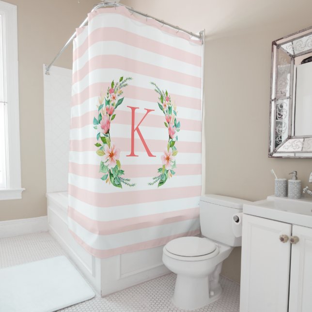 Paradise Floral and Stripes Monogram Shower Curtain (In Situ)