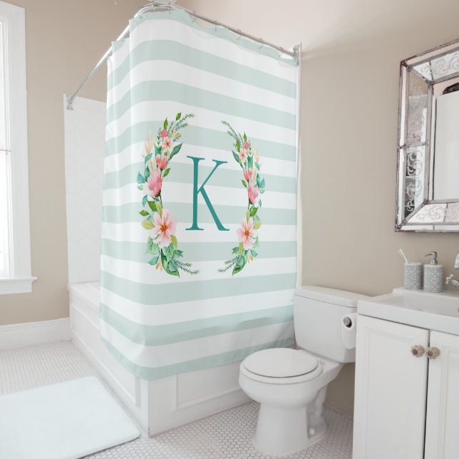 Paradise Floral and Stripes Monogram Shower Curtain (In Situ)