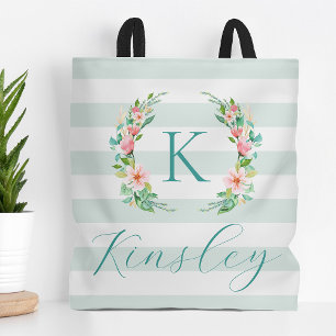 Paradise Floral and Stripes Monogram Tote Bag