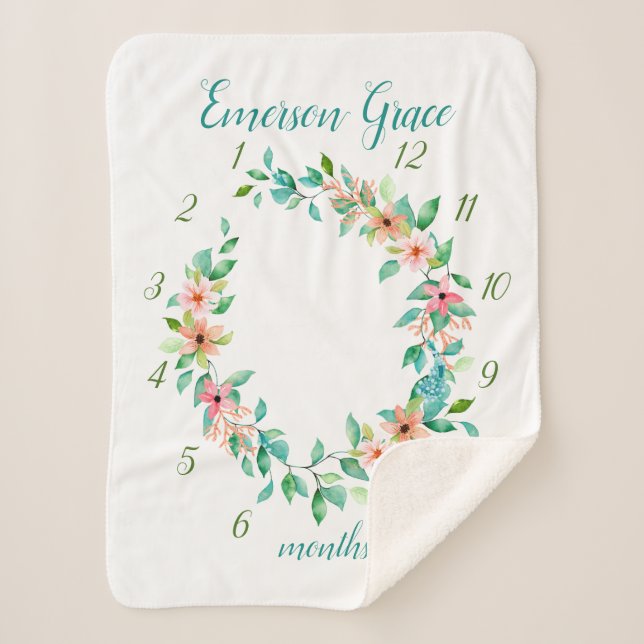 Paradise Floral Baby Girl Monthly Milestone Photo Sherpa Blanket (Front)