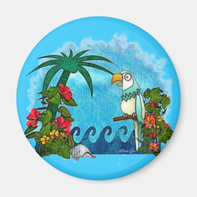 Paradise HAWAII Parrot & Hibiscus Magnet (Front)