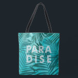 Paradise Hawaiian Palms Tropical in Teal Tote Bag<br><div class="desc">Watercolor palms interlace with a woven texture and  a special tropical message!  It comes in three colour stories: Green,  Teal and Violet.
Each design reverses to the palm design without the words.</div>