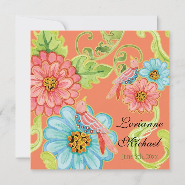 Paradise Love Birds 3, Floral Modern Wedding Invitation (Front)