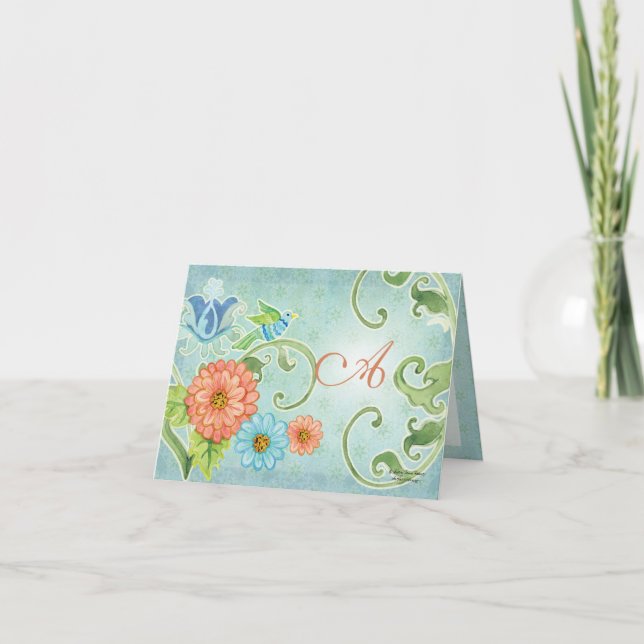 Paradise Love Birds Modern Floral Swirl Damask Card (Front)