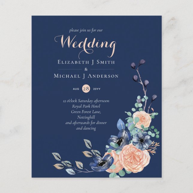 Paradise Navy Coral Floral Wedding Invitations (Front)