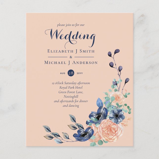 Paradise Navy Coral Floral Wedding Invites (Front)