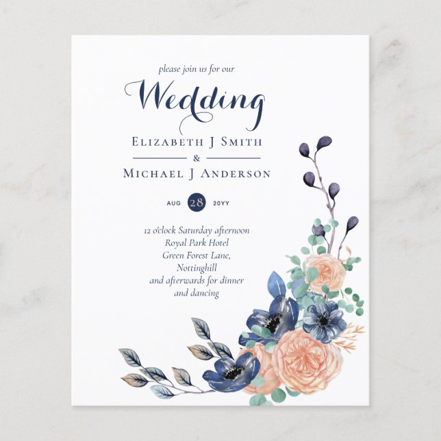 Paradise Navy Coral Floral Wedding Invites Budget (Front)