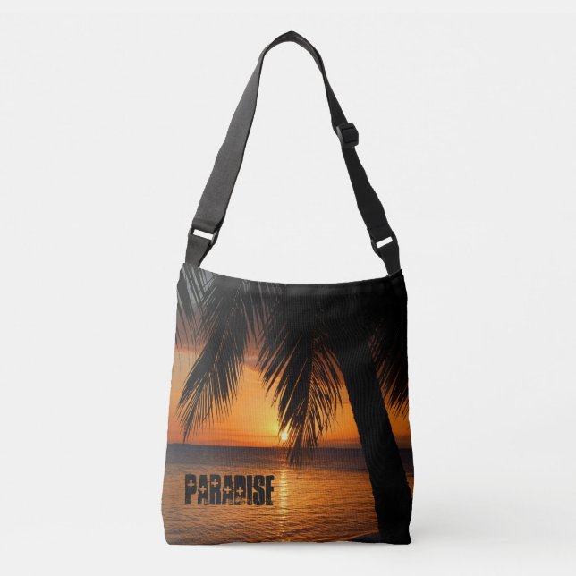 Paradise Tropical Beach Sunset and Palm Trees Crossbody Bag (Front)