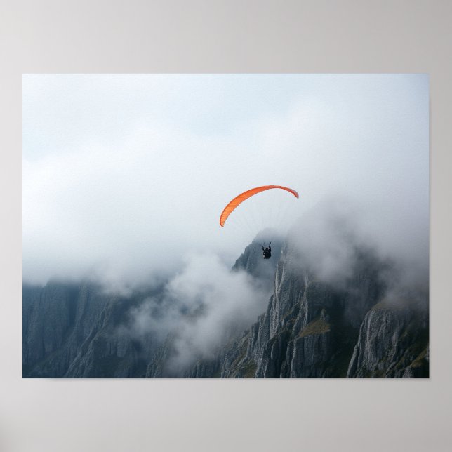 Paraglider Soaring Over Foggy Mountain Cliff Poster (Front)