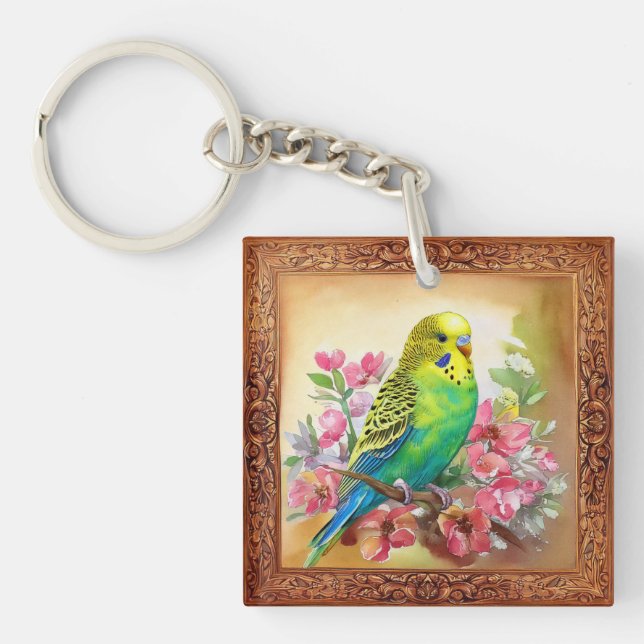 Parakeet and Blossoms Key Ring (Front)
