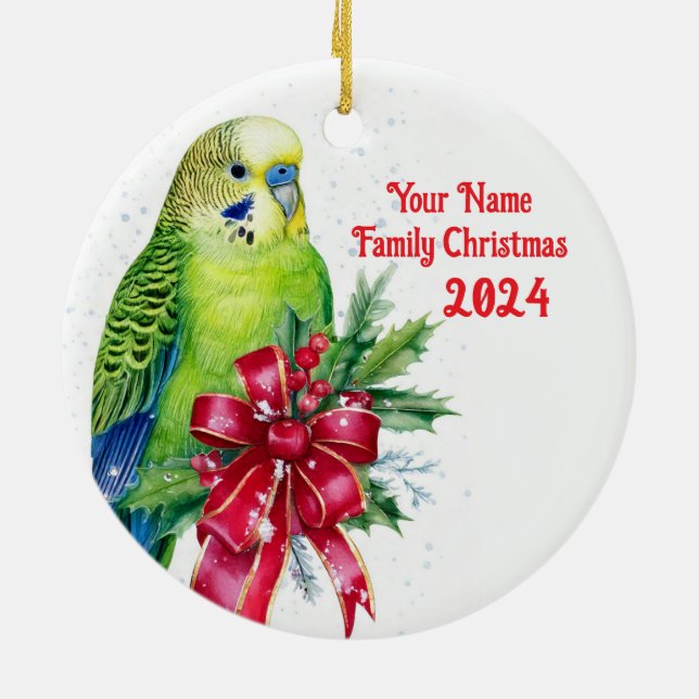 Parakeet and Christmas Bow Ceramic Tree Decoration (Back)