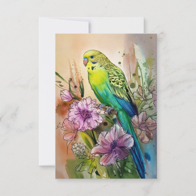 Parakeet and Purple Flowers Thank You Card (Front)