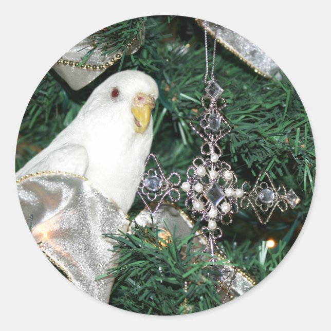 Parakeet in a Christmas tree Classic Round Sticker (Front)