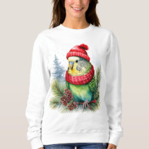 Parakeet in Holiday Hat and Scarf on Pine Branch