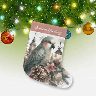 Parakeet Lanterns Seasons Greetings  Large Christmas Stocking