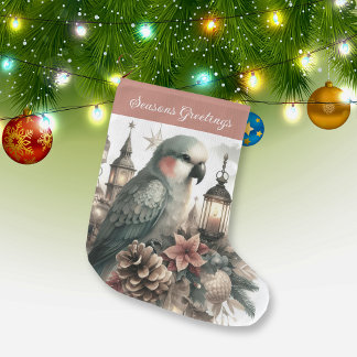 Parakeet Lanterns Seasons Greetings Large Christmas Stocking