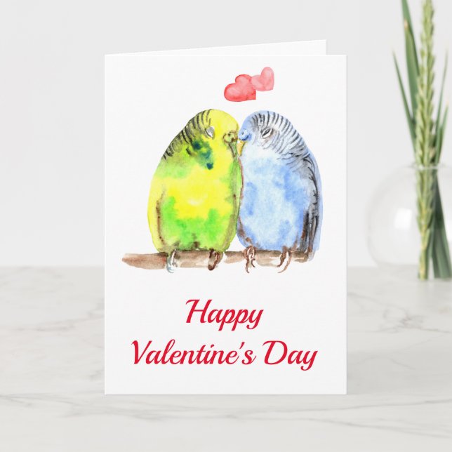 Parakeet Love Birds Valentine's Day Watercolor Card (Front)