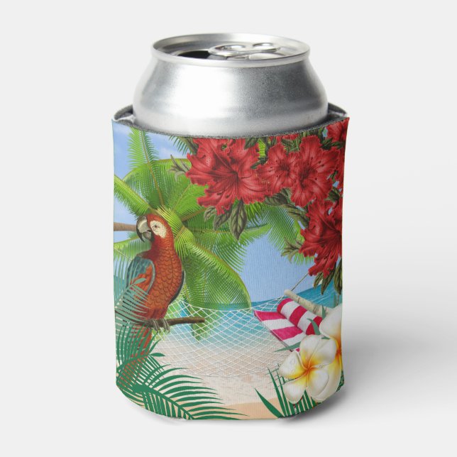 Parakeet on a Tropical Beach Can Cooler (Can Front)