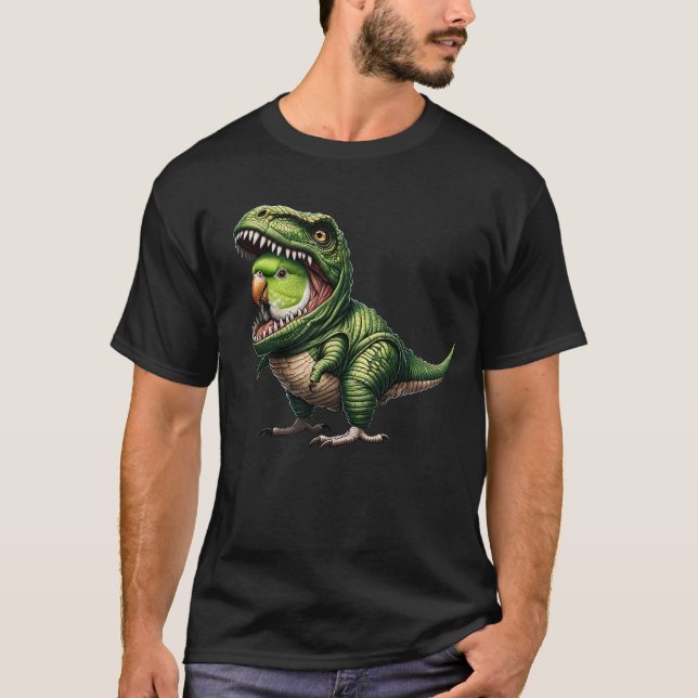 Parakeet Parrot Wearing Dinosaur Outfit Funny T-Shirt (Front)