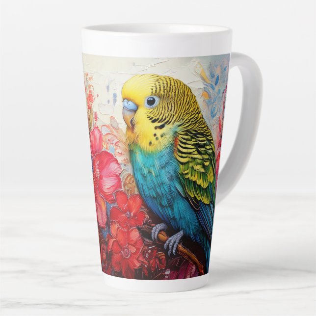 Parakeet with Flowers Latte Mug (Right Angle)