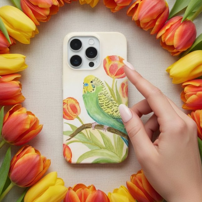 Parakeet with Tulips  iPhone Case (Creator Uploaded)