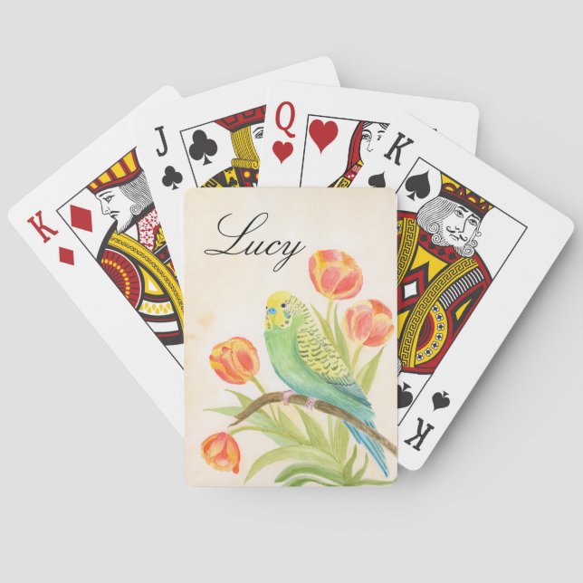 Parakeet with Tulips Personalise Playing Cards (Back)