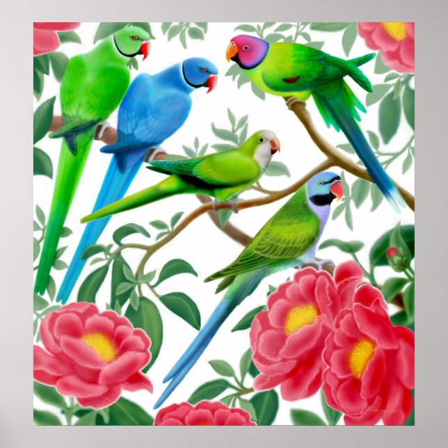 Parakeets & Peonies Print (Front)