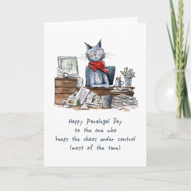 Paralegal Day from Group Funny Woman Cat at Desk Card (Front)