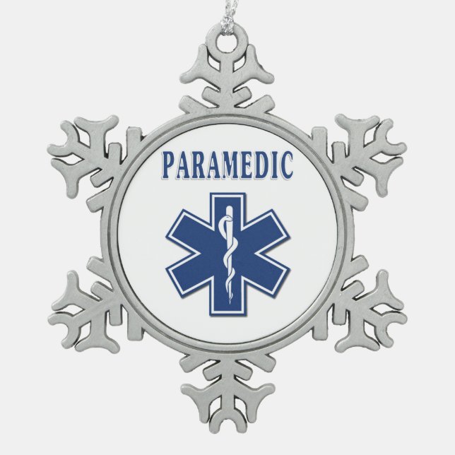 Paramedic Blue Star of Life Snowflake Pewter Christmas Ornament (Front)