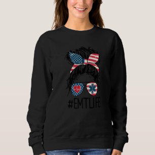 Paramedic Emt Life Messy Bun American Us Flag 4th Sweatshirt