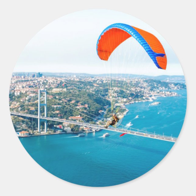 Paramotors Pilots Flying Over The Bosphorus Classic Round Sticker (Front)