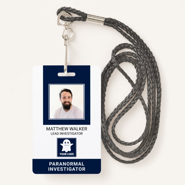 Paranormal Investigator Navy Blue QR Code Photo ID ID Badge (Front with Lanyard)