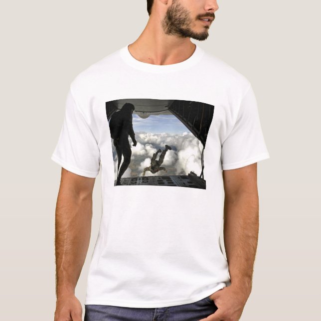 Pararescuemen jump out the back of a C-130 T-Shirt (Front)