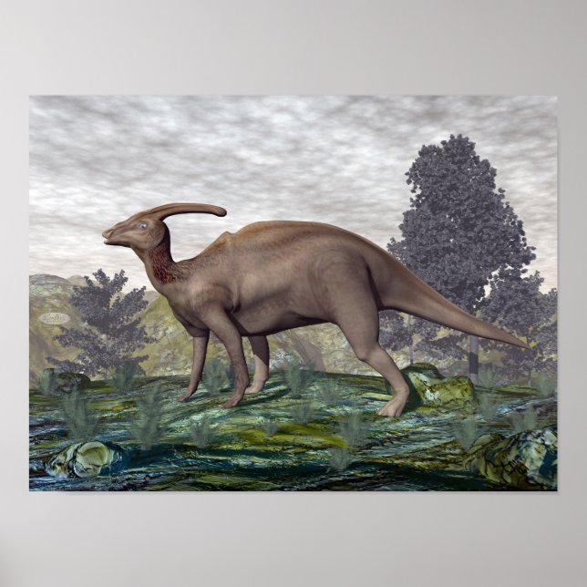 Parasaurolophus dinosaur among gingko trees poster (Front)