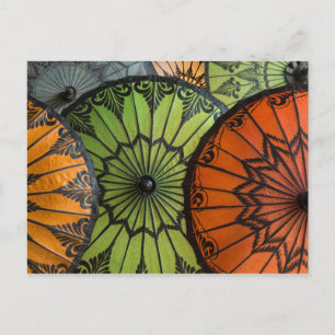 parasols for sale, bagan, myanmar postcard
