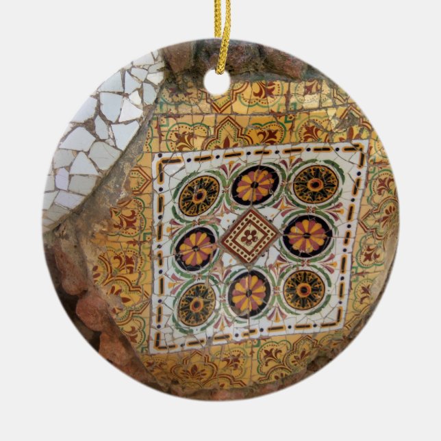 Parc Guell Mosaic Green and Orange Ceramic Tree Decoration (Front)