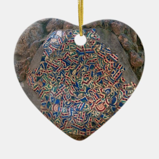 Parc Guell Mosaic Rainbow and Orange Heart Ceramic Tree Decoration (Front)