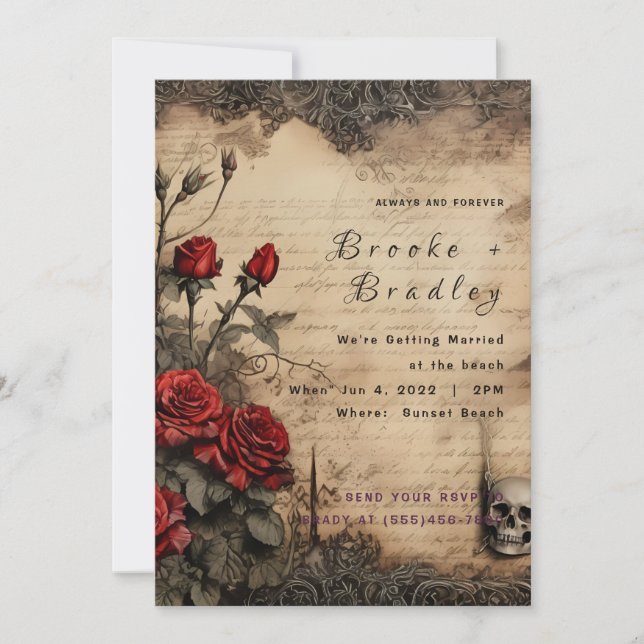 Parchment & Deep Red Gothic Floral Wedding Invitation (Front)