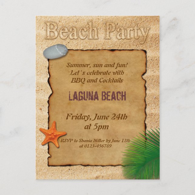 Parchment on Sand Beach Party Invitation Postcard (Front)