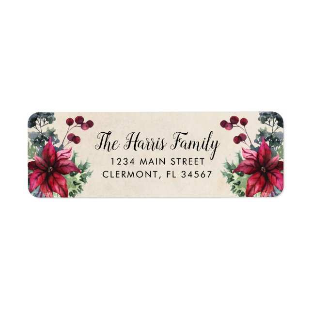 Parchment Paper Red Poinsettia Holly Berries Label (Front)