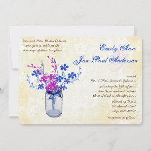 Parchment Pink and Navy Wild Flower Mason Jar Invitation