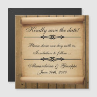 Parchment Scroll Save The Date on Wood Effect
