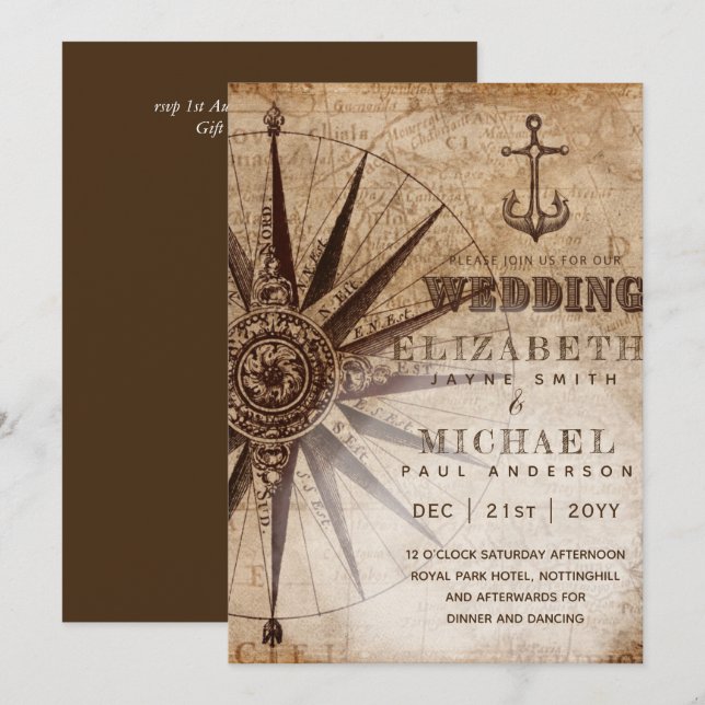 Parchment Style Vintage Nautical Map Wedding (Front/Back)