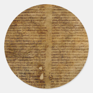 Parchment text with antique writing, old paper classic round sticker