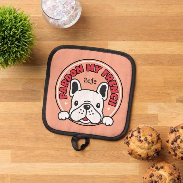 Pardon My French Bulldog Pink Frenchie Cartoon Dog Pot Holder (Top Down)
